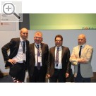 Autopromotec 2017 in Bologna. Massimo Brunamonti, EGEA European Garage Equipment Accociation, Emanuele Vicentini, Brand Manager Autopromotec, Marc Aguettaz, GiPA Italien und Gwenael de Calan, Geschäftsführer GiPA GmbH Deutschland (v.r.n.l.)  